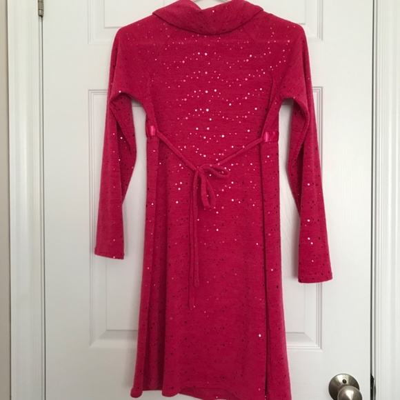 Bloome de jeune fille Pink Sequin Long Sleeve Cowl Neck Dress Offset Bow - Picture 6 of 8